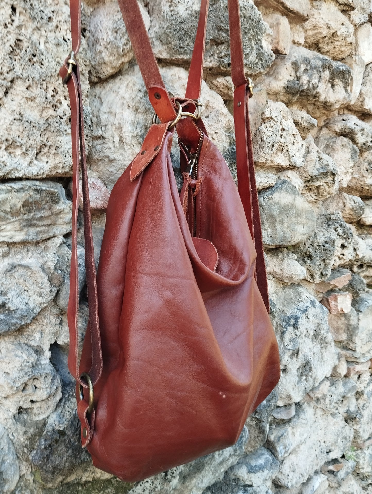 Borsa/zaino convertibile in pelle color cognac