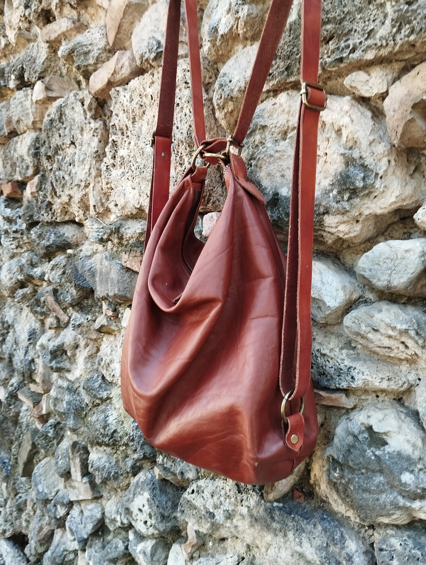 Borsa/zaino convertibile in pelle color cognac