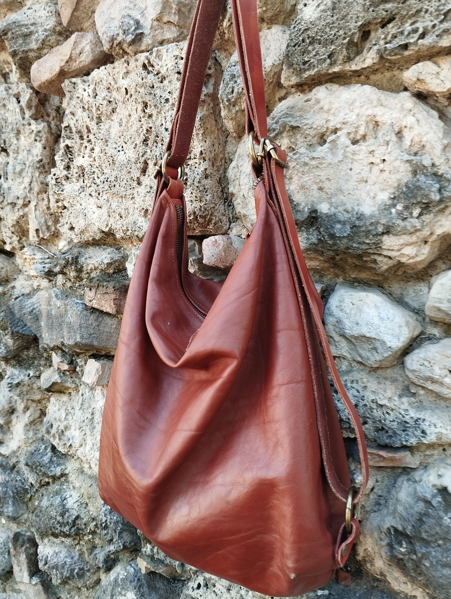 Borsa/zaino convertibile in pelle color cognac