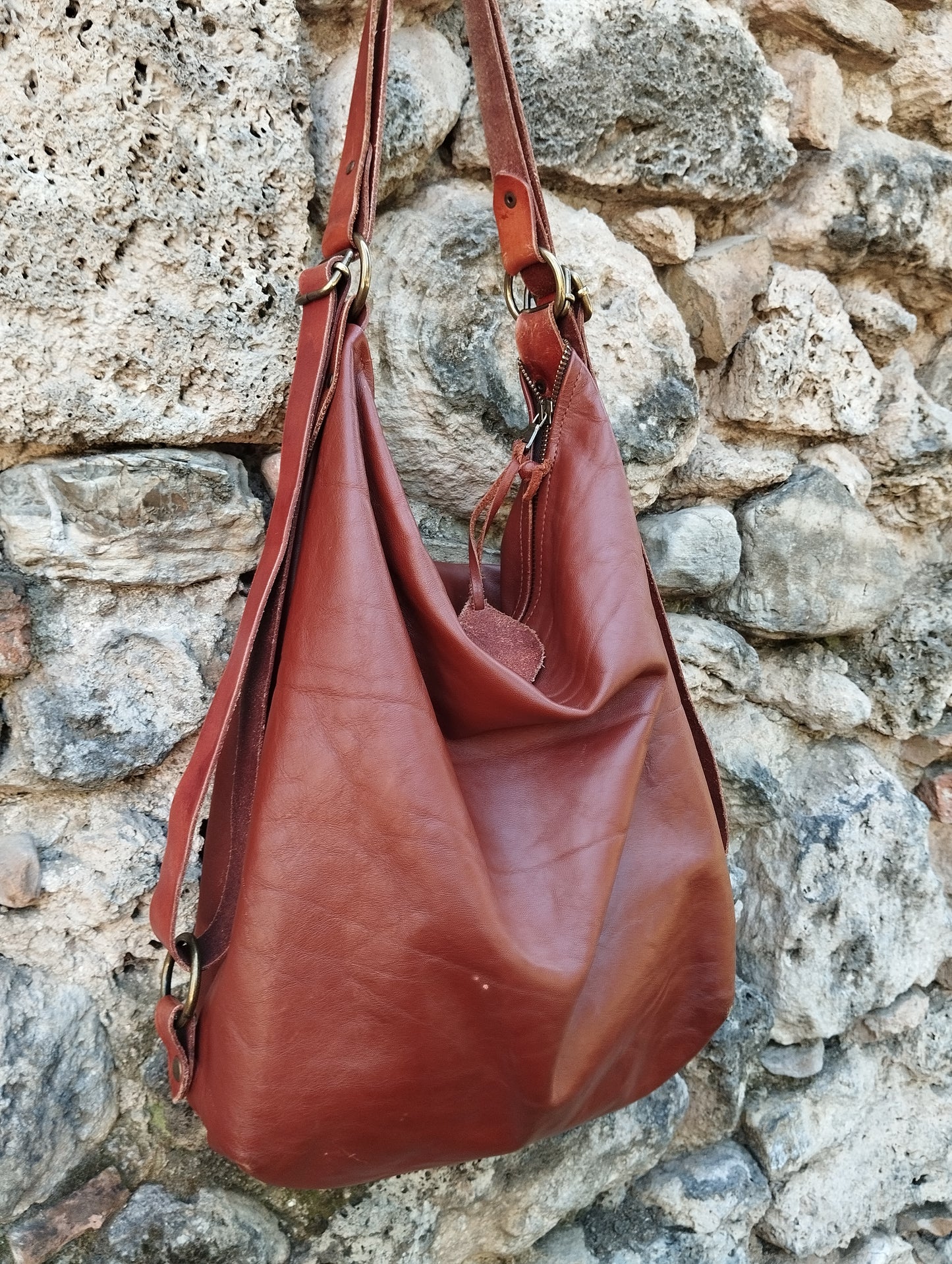 Borsa/zaino convertibile in pelle color cognac