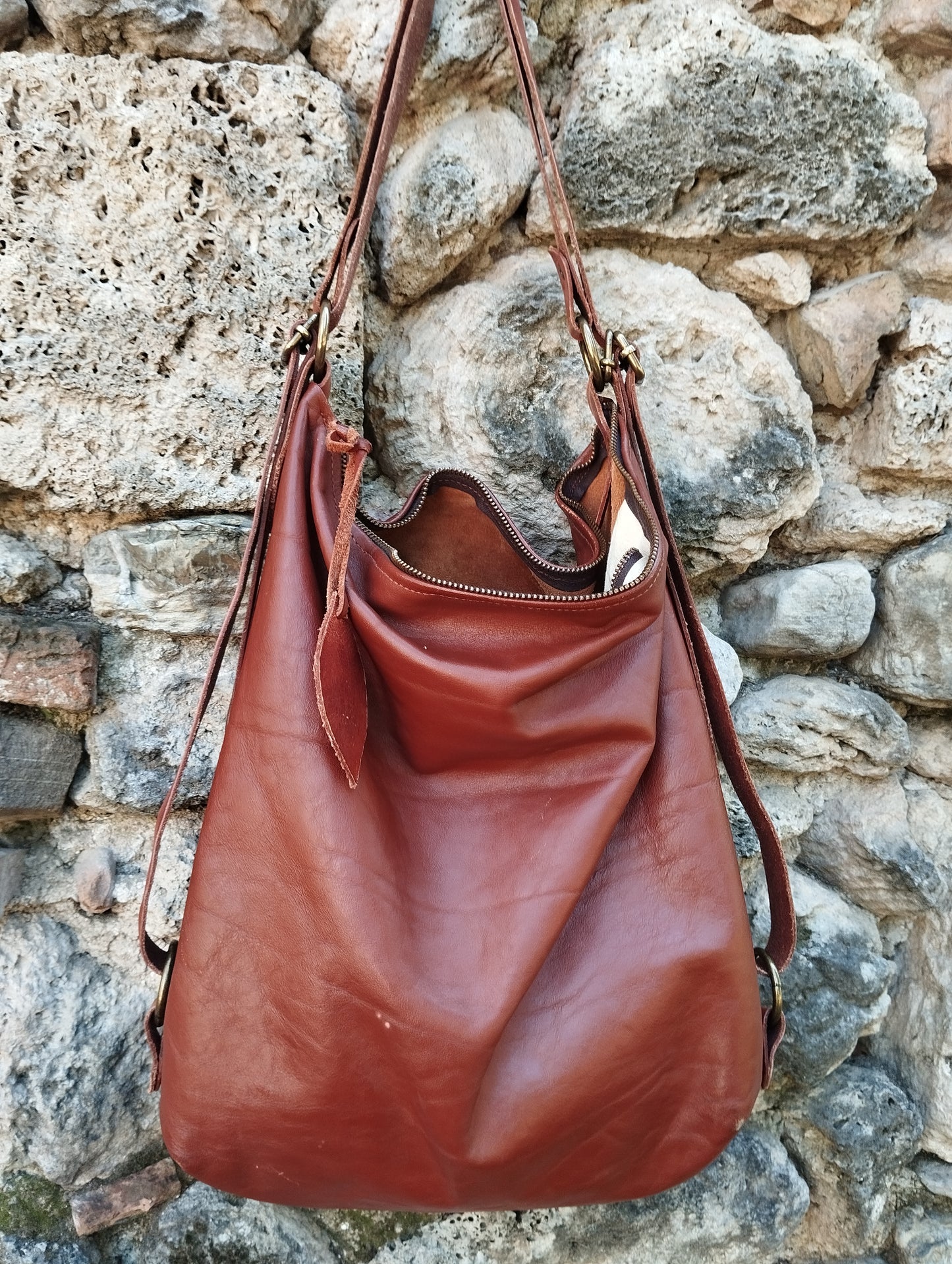 Borsa/zaino convertibile in pelle color cognac